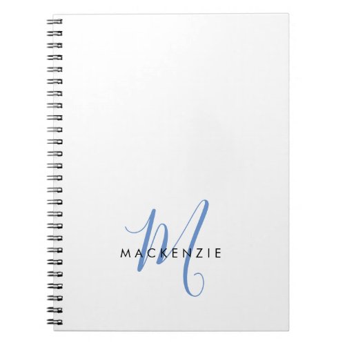 Elegant Modern White Blue Script Monogram Notebook