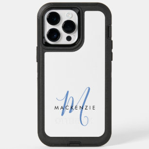 Elegant Modern White Blue Script Monogram OtterBox iPhone 14 Pro Max Case