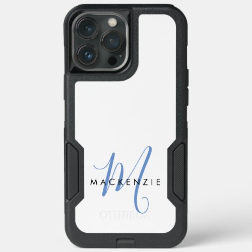 Elegant Modern White Blue Script Monogram iPhone 13 Pro Max Case