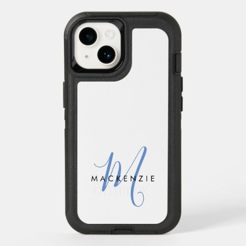 Elegant Modern White Blue Script Monogram OtterBox iPhone 14 Case