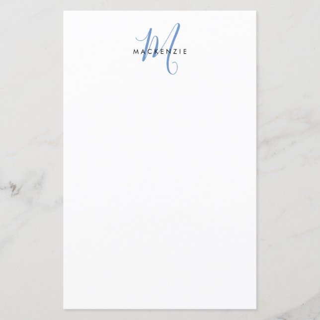 Elegant Modern White Blue Script Monogram Paper (Front)