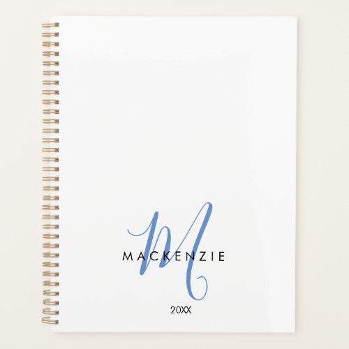 Elegant Modern White Blue Script Monogram Planner