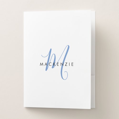 Elegant Modern White Blue Script Monogram Pocket Folder