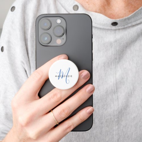 Elegant Modern White Blue Script Monogram PopSocket