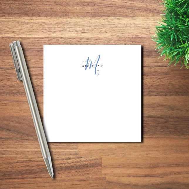 Elegant Modern White Blue Script Monogram Post-it Notes (Creator Uploaded)