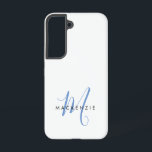 Elegant Modern White Blue Script Monogram Samsung Galaxy S22 Case<br><div class="desc">Elegant Modern White Blue Script Monogram Phone Case.  An elegant blue script monogram combined with a clean black san-serif font makes for a contemporary look.</div>