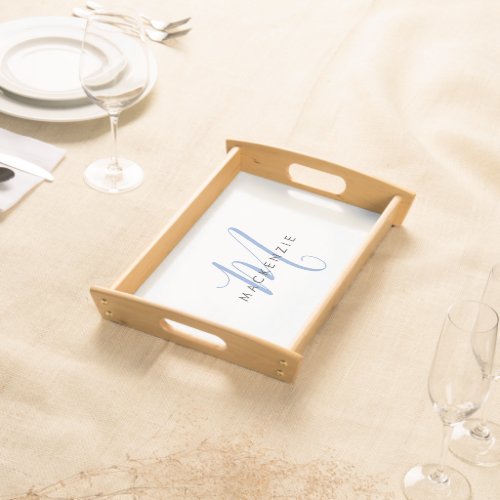 Elegant Modern White Blue Script Monogram Serving Tray