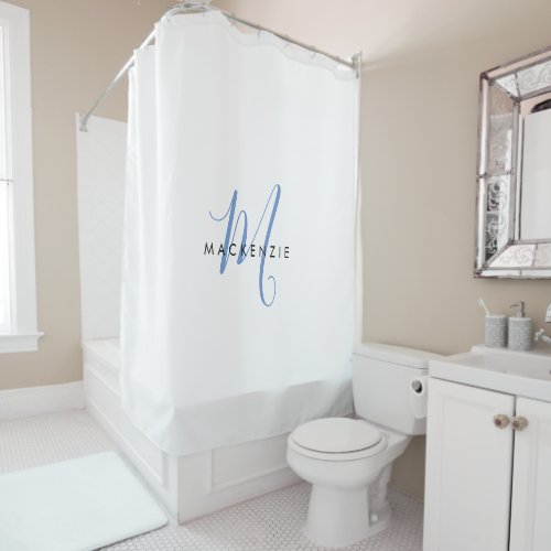 Elegant Modern White Blue Script Monogram Shower Curtain