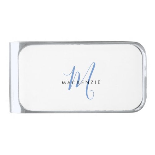 Elegant Modern White Blue Script Monogram Silver Finish Money Clip