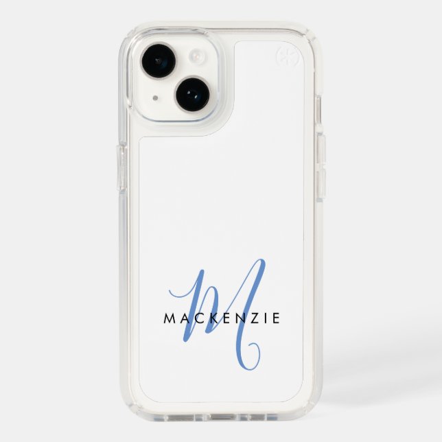 Elegant Modern White Blue Script Monogram Speck iPhone Case (Front)