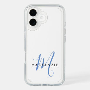 Elegant Modern White Blue Script Monogram iPhone 16 Case
