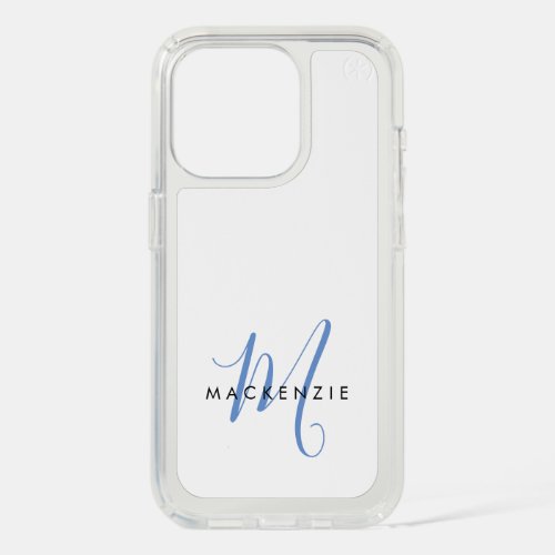 Elegant Modern White Blue Script Monogram iPhone 15 Pro Case