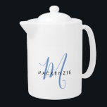 Elegant Modern White Blue Script Monogram Teapot<br><div class="desc">Elegant Modern White Blue Script Monogram teapot.  An elegant blue script monogram combined with a clean black san-serif font makes for a contemporary look.</div>