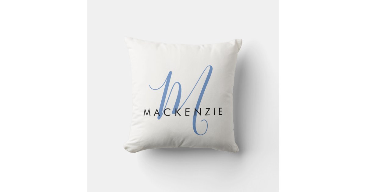 Elegant Modern White Blue Script Monogram Throw Pillow | Zazzle