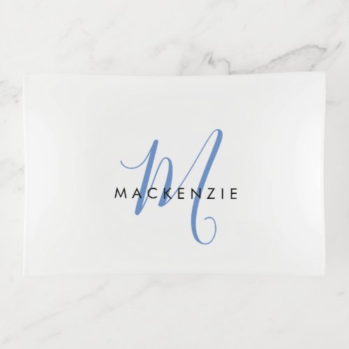 Elegant Modern White Blue Script Monogram Trinket Tray