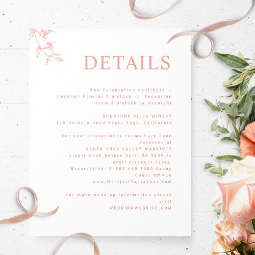 Elegant Modern White Blush Peach Wedding Details Enclosure Card