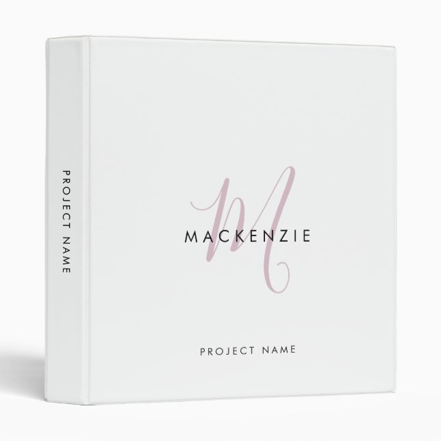 Elegant Modern White Blush Pink Script Monogram 3 Ring Binder (Front/Spine)