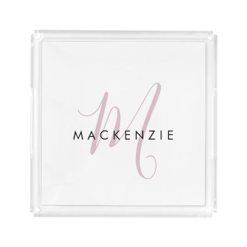 Elegant Modern White Blush Pink Script Monogram Acrylic Tray