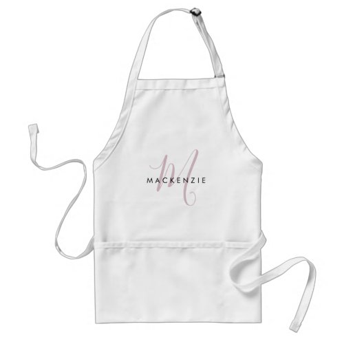 Elegant Modern White Blush Pink Script Monogram Adult Apron