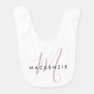 Elegant Modern White Blush Pink Script Monogram Baby Bib
