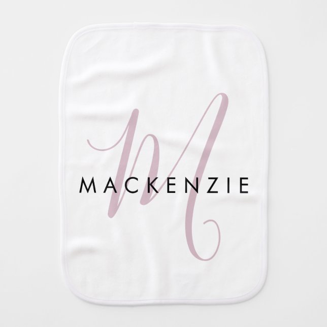 Elegant Modern White Blush Pink Script Monogram Baby Burp Cloth (Front)