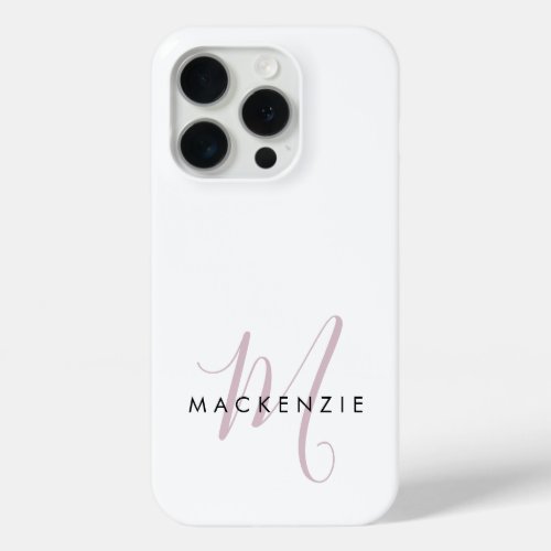 Elegant Modern White Blush Pink Script Monogram iPhone 15 Pro Case