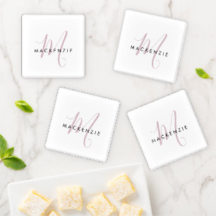 Elegant Modern White Blush Pink Script Monogram Coaster Set