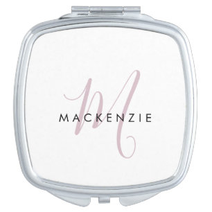 Elegant Modern White Blush Pink Script Monogram Compact Mirror