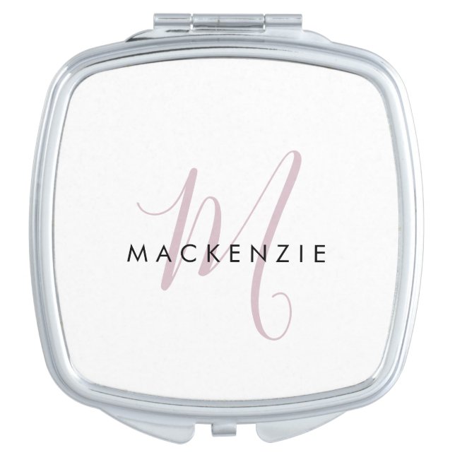 Elegant Modern White Blush Pink Script Monogram Compact Mirror (Front)
