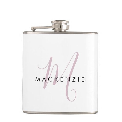 Elegant Modern White Blush Pink Script Monogram Flask