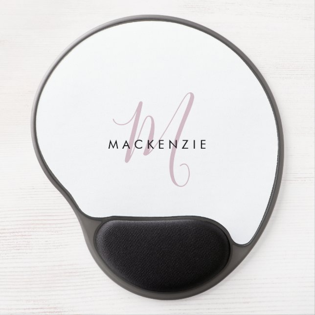 Elegant Modern White Blush Pink Script Monogram Gel Mouse Pad (Front)