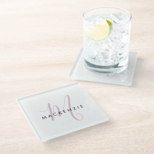 Elegant Modern White Blush Pink Script Monogram Glass Coaster
