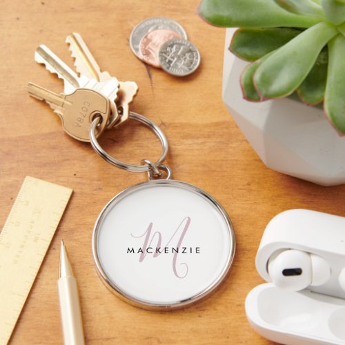 Elegant Modern White Blush Pink Script Monogram Keychain