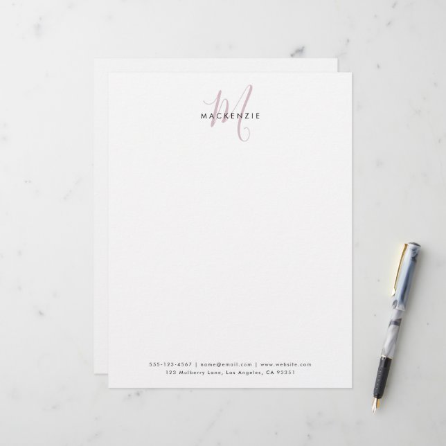 Elegant Modern White Blush Pink Script Monogram Letterhead (Front/Back In Situ)