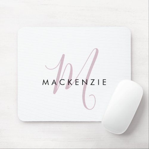 Elegant Modern White Blush Pink Script Monogram Mouse Pad