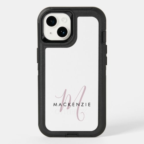 Elegant Modern White Blush Pink Script Monogram OtterBox iPhone 14 Case