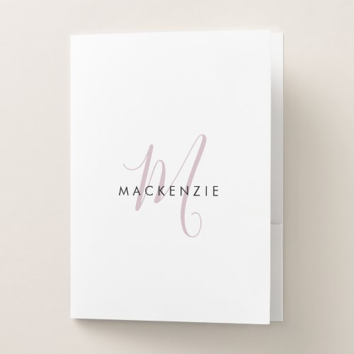 Elegant Modern White Blush Pink Script Monogram Pocket Folder