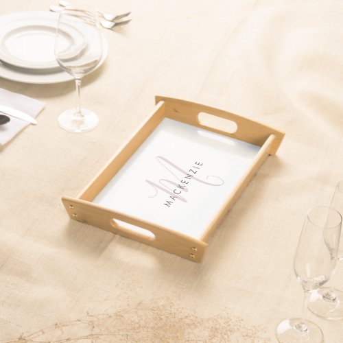 Elegant Modern White Blush Pink Script Monogram Serving Tray