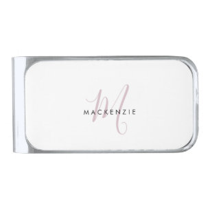 Elegant Modern White Blush Pink Script Monogram Silver Finish Money Clip