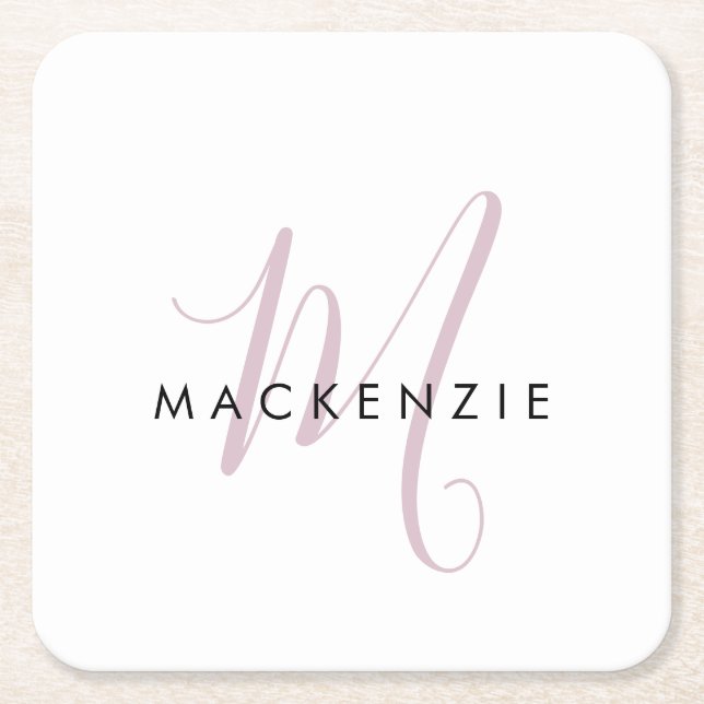 Elegant Modern White Blush Pink Script Monogram Square Paper Coaster (Front)