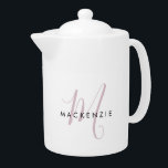 Elegant Modern White Blush Pink Script Monogram Teapot<br><div class="desc">Elegant Modern White Blush Pink Script Monogram teapot.  An elegant blush pink script monogram combined with a clean black san-serif font makes for a contemporary look.</div>