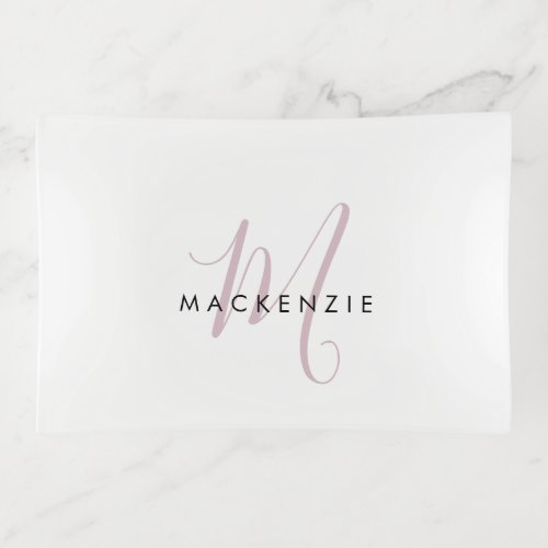 Elegant Modern White Blush Pink Script Monogram Trinket Tray