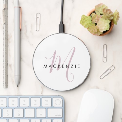 Elegant Modern White Blush Pink Script Monogram Wireless Charger