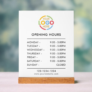 Elegant Modern White Business Logo Opening Hours Acrylic Sign