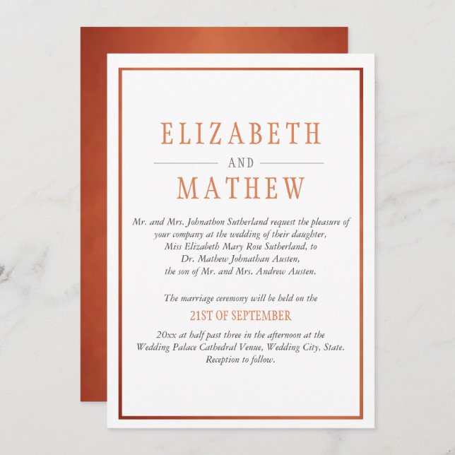 Elegant Modern White Copper Orange Wedding Invitation (Front/Back)