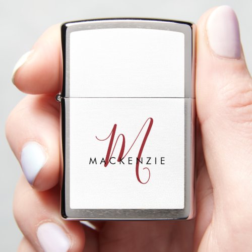 Elegant Modern White Crimson Red Script Monogram Zippo Lighter