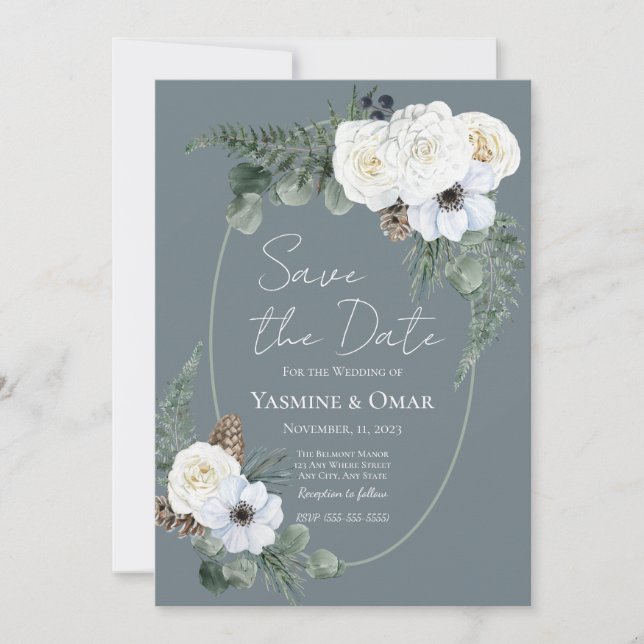 Elegant Modern White Floral and Slate Gray Wedding Invitation (Front)