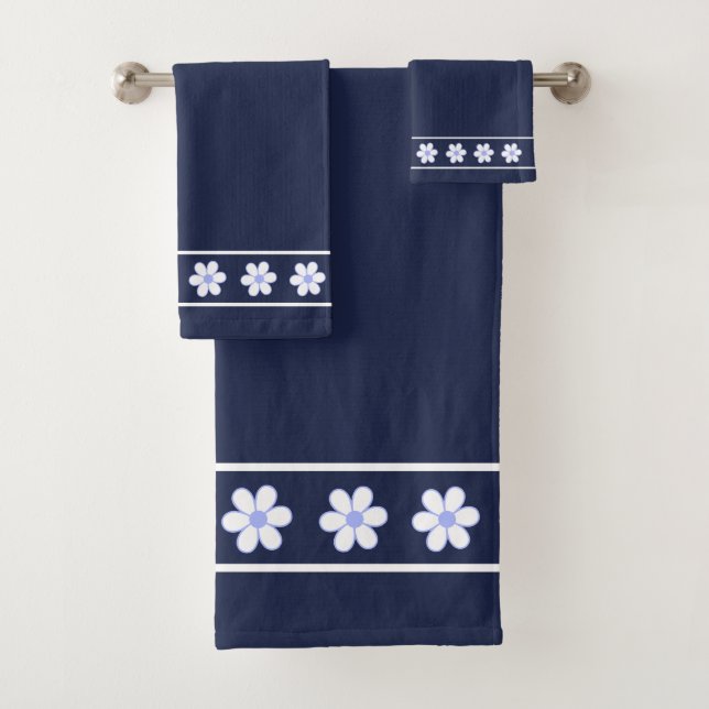 Elegant, Modern White Flowers on Navy Blue Bath Towel Set (Insitu)