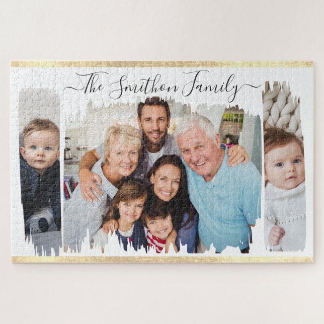  Elegant Modern White & Gold Add Your Photo Family Jigsaw Puzzle (Horizontal)