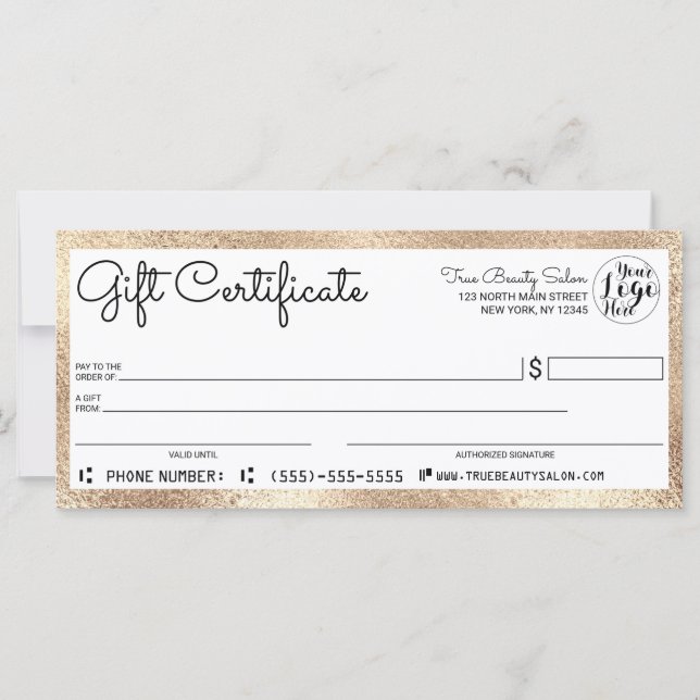 Elegant Modern White Gold Border Gift Certificate (Front)
